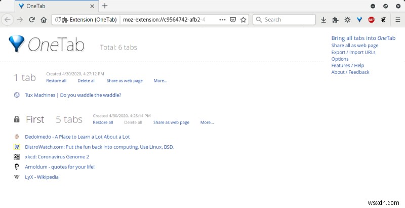 OneTab cho Firefox: Gom tab và tăng năng suất