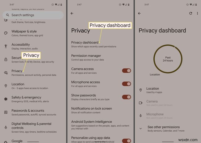 Cách truy cập trang tổng quan về quyền riêng tư của Android 12