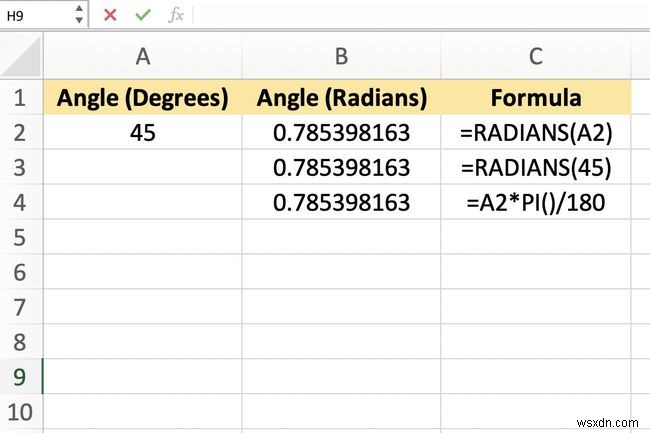 Cách chuyển đổi góc từ độ sang Radian trong Excel