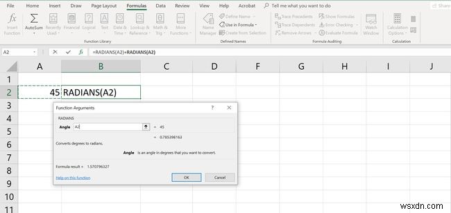 Cách chuyển đổi góc từ độ sang Radian trong Excel