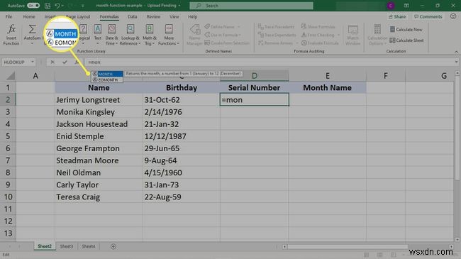 Cách sử dụng công thức THÁNG trong Excel