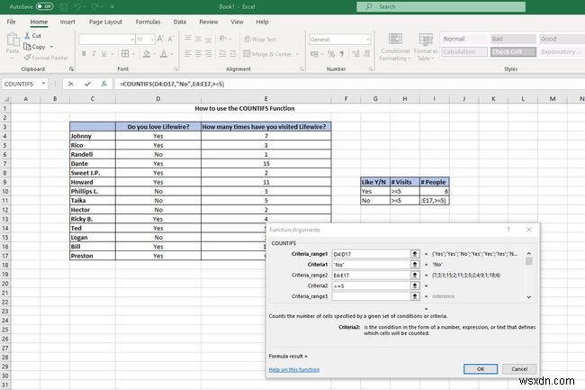 Cách sử dụng hàm COUNTIFS trong Excel