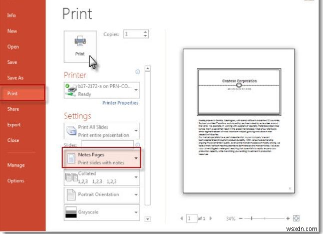 Cách in trang trình bày PowerPoint có ghi chú