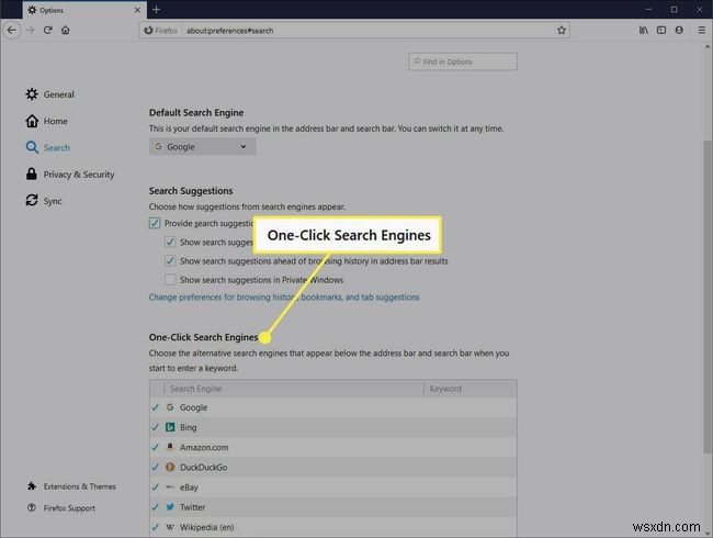 Cách quản lý công cụ tìm kiếm và sử dụng tìm kiếm bằng một lần nhấp trong Firefox