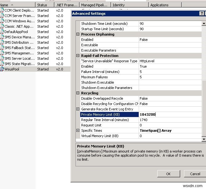 Lỗi cập nhật Windows 0x80244022 và giới hạn bộ nhớ WsusPool