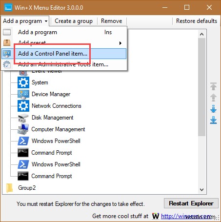 Cách hiển thị tùy chọn bảng điều khiển trong menu  Win + X  của Windows 10