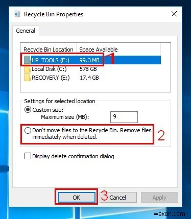 Cách tắt thùng rác trong Windows 10