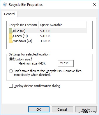 Thay đổi cài đặt thùng rác trong Windows 10 