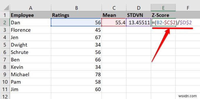 Cách tính điểm Z trong Excel 