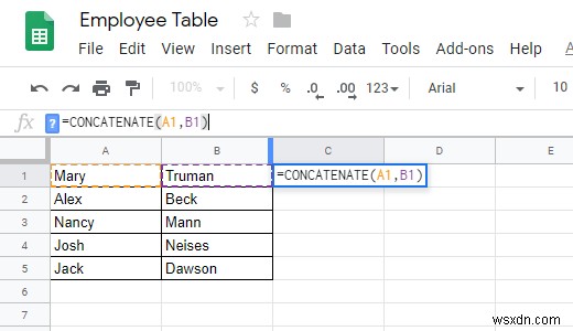 Cách sử dụng Hàm CONCATENATE trong Google Trang tính 