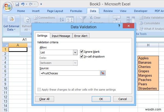 Sử dụng tên dải động trong Excel để thả xuống linh hoạt 