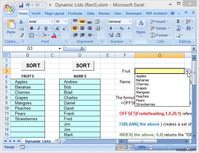 Sử dụng tên dải động trong Excel để thả xuống linh hoạt 