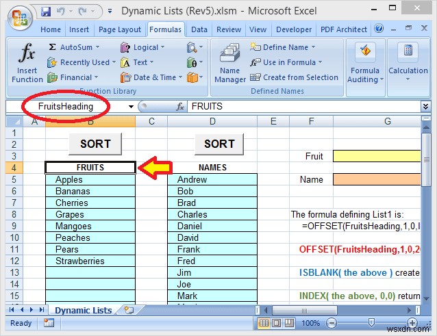 Sử dụng tên dải động trong Excel để thả xuống linh hoạt 