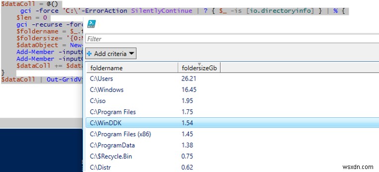 PowerShell:Lấy kích thước thư mục trên đĩa trong Windows 