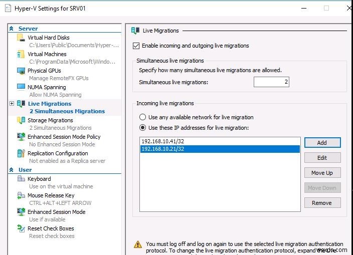 Định cấu hình Hyper-V Live Migration mà không cần phân cụm chuyển đổi dự phòng 