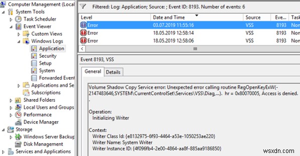 Sửa lỗi Volume Shadow Copy (VSS) với ID sự kiện 8193 