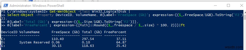 PowerShell:Kiểm tra dung lượng đĩa trống và mức sử dụng đĩa 