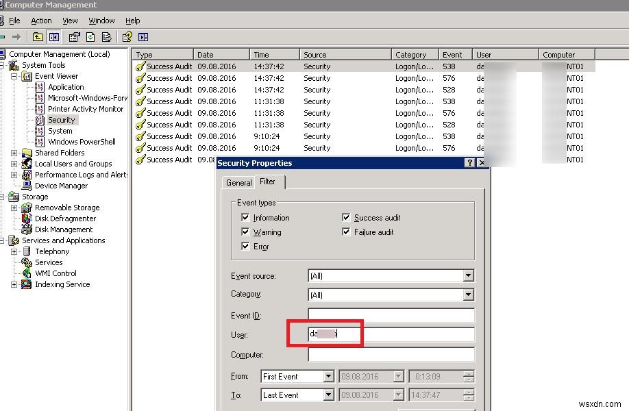 Cách lọc Nhật ký sự kiện theo tên người dùng trong Windows 2008 trở lên 