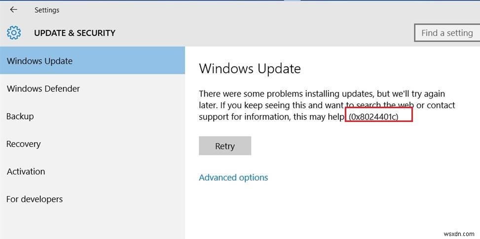 Windows 10:Lỗi WSUS 0x8024401c 