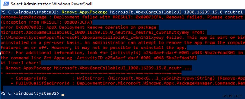Lỗi 0x80073CFA:Không thể gỡ cài đặt ứng dụng bằng cách sử dụng Remove-AppxPackage trong Windows 10 