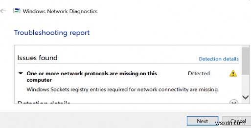 Lỗi giao thức mạng Windows 10:Thiếu mục nhập sổ đăng ký Windows Sockets 