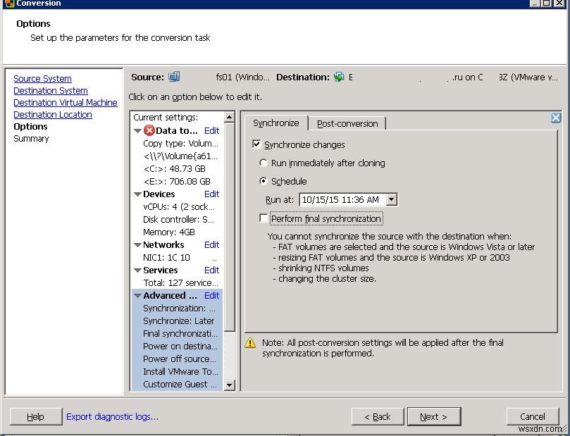 VMware Converter:Đồng bộ hóa các thay đổi khi điều chỉnh P2V hoặc V2V 