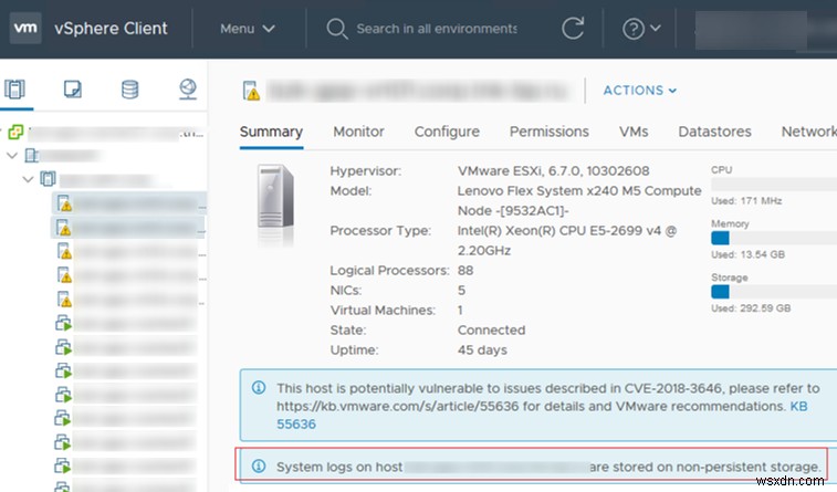 Nhật ký hệ thống trên Máy chủ ESXi được lưu trữ trên bộ nhớ không liên tục 