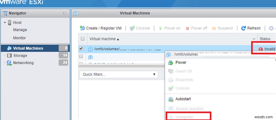 Trạng thái không hợp lệ của máy ảo trên VMWare ESXi 