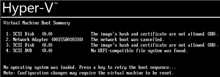 Lỗi khởi động Hyper-V:Hàm băm và chứng chỉ của hình ảnh không được phép 