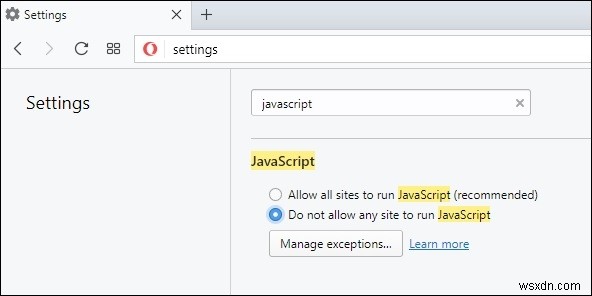Làm cách nào để tắt JavaScript trong Opera? 