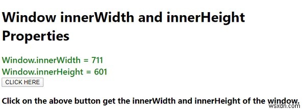 Cửa sổ thuộc tính innerWidth và innerHeight trong JavaScript. 