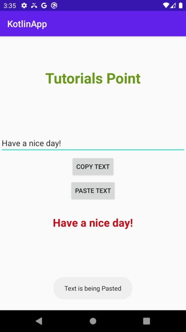 Làm cách nào để sao chép văn bản theo lập trình (Ctrl + C) trong ứng dụng Android của tôi bằng Kotlin? 