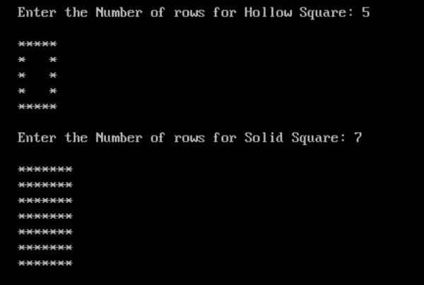 Chương trình in các mẫu hình vuông đặc và rỗng trong C 