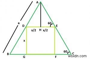 Hình vuông lớn nhất có thể nội tiếp một tam giác đều ở C? 