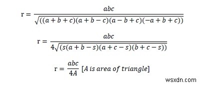 Diện tích đường tròn ngoại tiếp bất kỳ tam giác nào có các cạnh được cho trong C ++ 