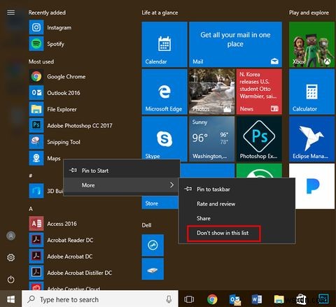 Cách xóa các ứng dụng được sử dụng nhiều nhất khỏi menu Start của Windows 10 