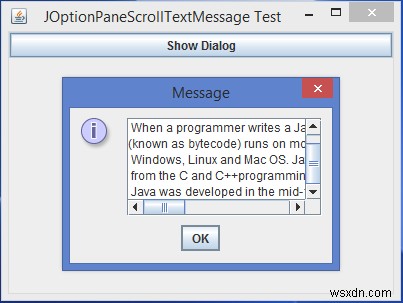 Làm thế nào chúng ta có thể triển khai một văn bản dài của hộp thoại thông báo JOptionPane trong Java? 