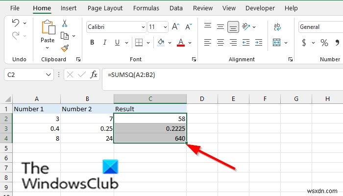 Cách sử dụng hàm SUMSQ trong Excel 