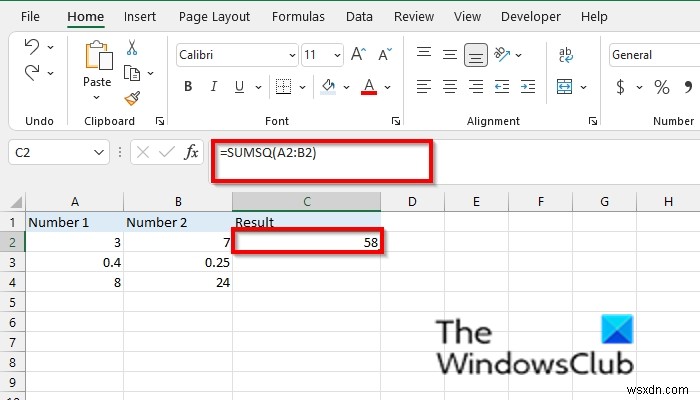 Cách sử dụng hàm SUMSQ trong Excel 