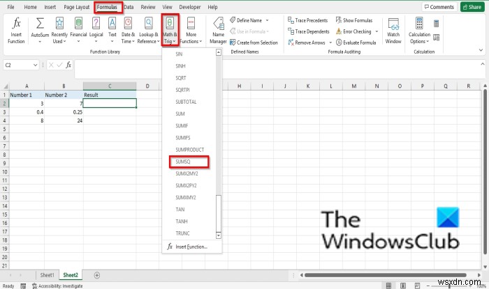 Cách sử dụng hàm SUMSQ trong Excel 