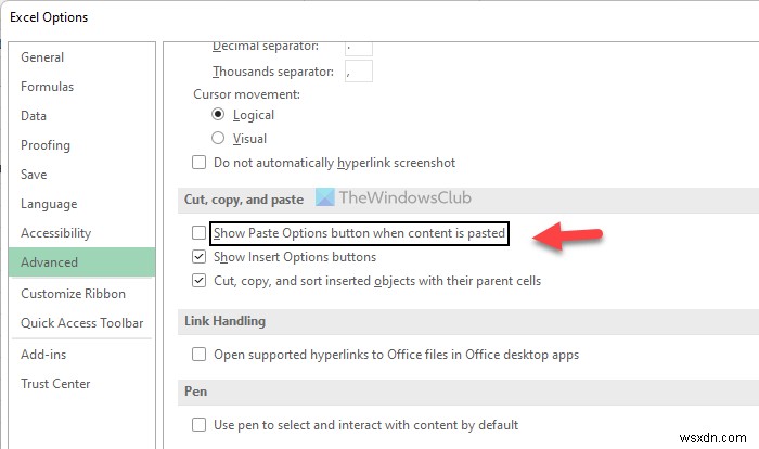 Cách ẩn nút Tùy chọn dán sau khi dán trong Excel 