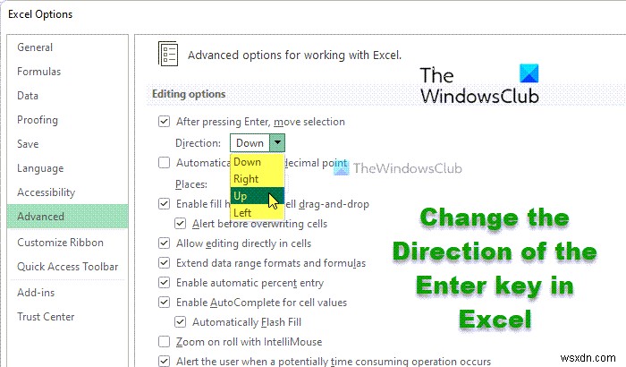 Cách thay đổi hướng của phím Enter trong Excel 