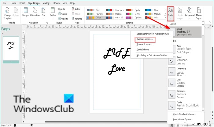 Cách áp dụng lược đồ phông chữ trong Publisher 