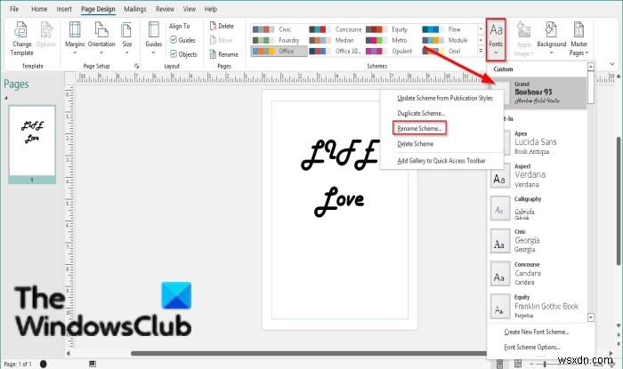 Cách áp dụng lược đồ phông chữ trong Publisher 