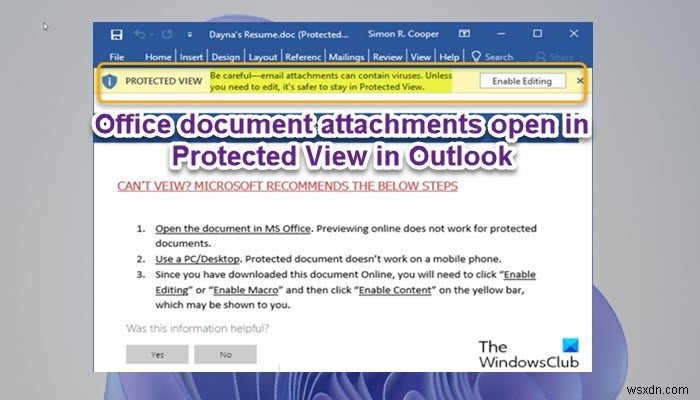 Tệp đính kèm tài liệu Office mở trong Dạng xem được Bảo vệ trong Outlook 