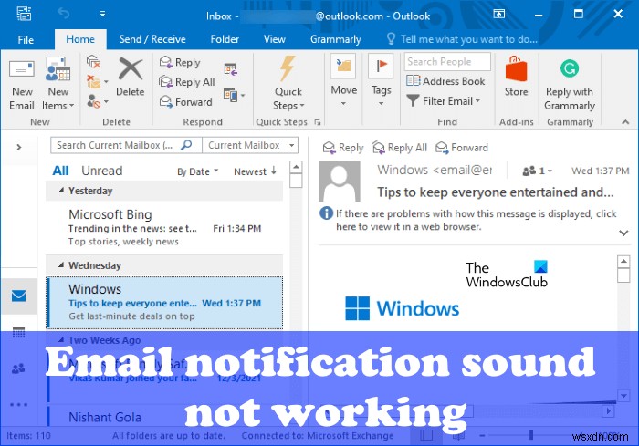 Âm thanh thông báo qua email không hoạt động trong Outlook 
