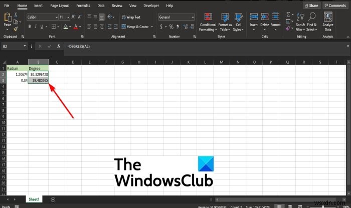 Cách sử dụng hàm DEGREES trong Microsoft Excel 