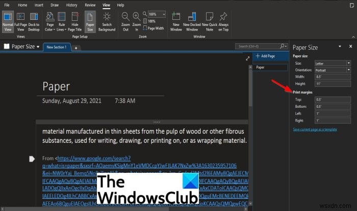 Cách đặt hoặc thay đổi kích thước trang và lề trong OneNote 
