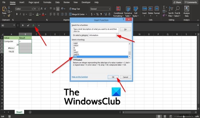 Cách sử dụng Hàm TYPE trong Microsoft Excel 