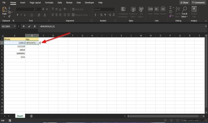 Cách sử dụng hàm BIN2HEX trong Microsoft Excel 